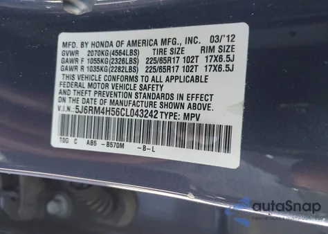 2012 Honda Cr-V Ex from USA, damaged, VIN 5J6RM4H56CL043242